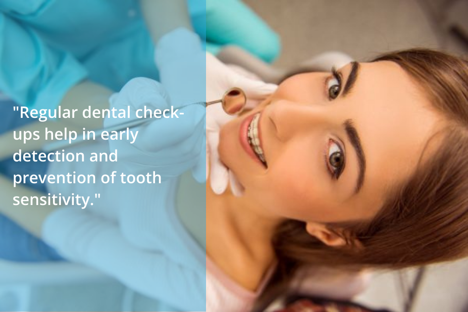 Woman smiling at the camera while a dentist in gloves examines her teeth for tooth sensitivity.