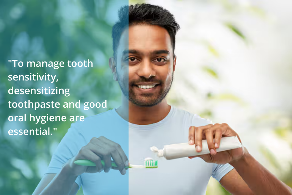 Man smiling, holding a toothbrush with toothpaste, with a quote about managing tooth sensitivity. Leafy background in Austin.