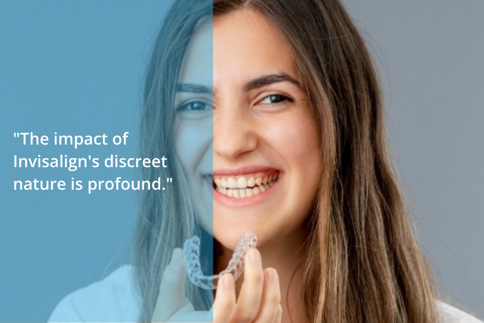 A woman smiling while holding an Invisalign aligner, with an overlaid text saying, "The impact of Discreet Invisalign's nature is profound.