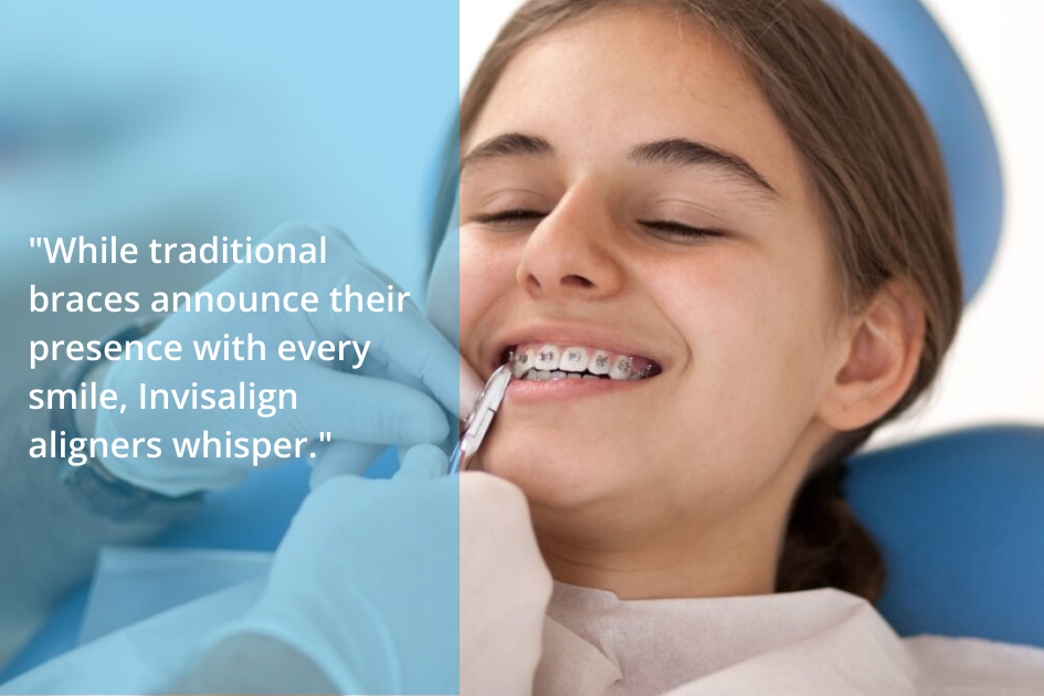 A person with traditional braces is being examined by a dental professional. Text on the image reads: "While traditional braces announce their presence with every smile, discreet Invisalign aligners whisper.