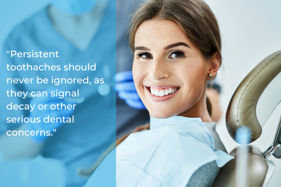 A woman sitting in a dental chair, smiling with a dentist in the background. The image includes text about the importance of not ignoring persistent toothaches for a healthier smile. Root canal treatment might be necessary to address ongoing pain and preserve your dental health.