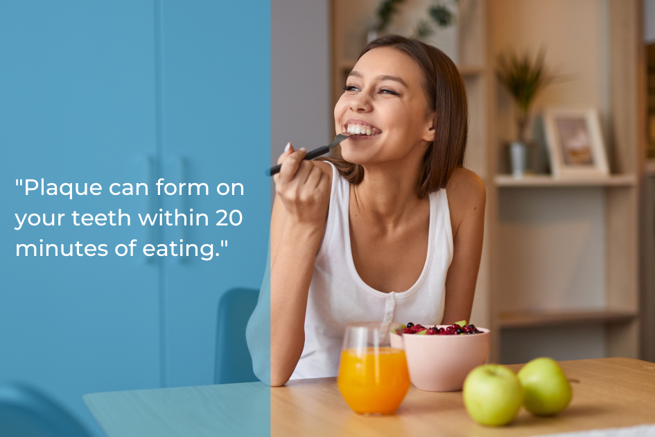 A woman smiles brightly as she enjoys breakfast with a bowl of berries and a glass of orange juice. Beside her, a quote underscores the importance of regular dental check-ups in preventing plaque buildup.