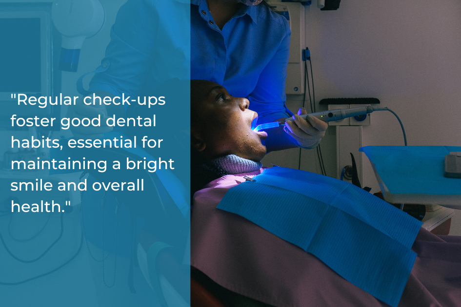 A dentist examines a patient in a dental chair while a quote emphasizes the importance of prevention and regular check-ups for health and a bright smile.