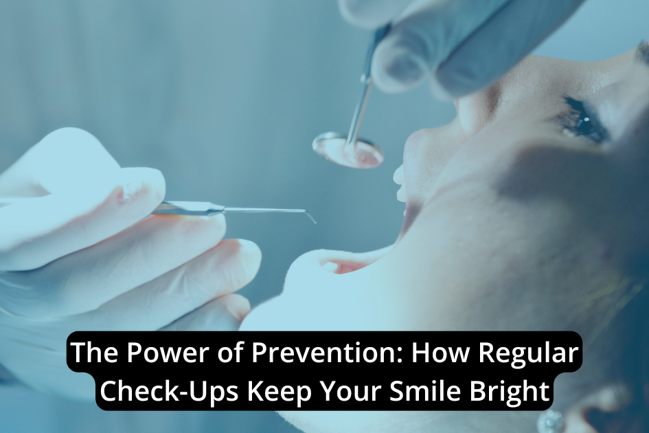 A dental professional examines a patient's teeth using a mirror and probe, highlighting the role of prevention. The image emphasizes regular check-ups as essential for maintaining a bright smile.