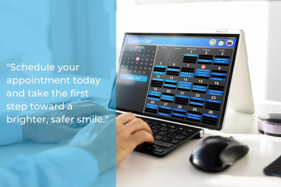 A person using a desktop computer displays a calendar app with a blue-themed interface. Text overlay reads, "Schedule your appointment today and take the first step toward a brighter, safer smile with mercury-free fillings.