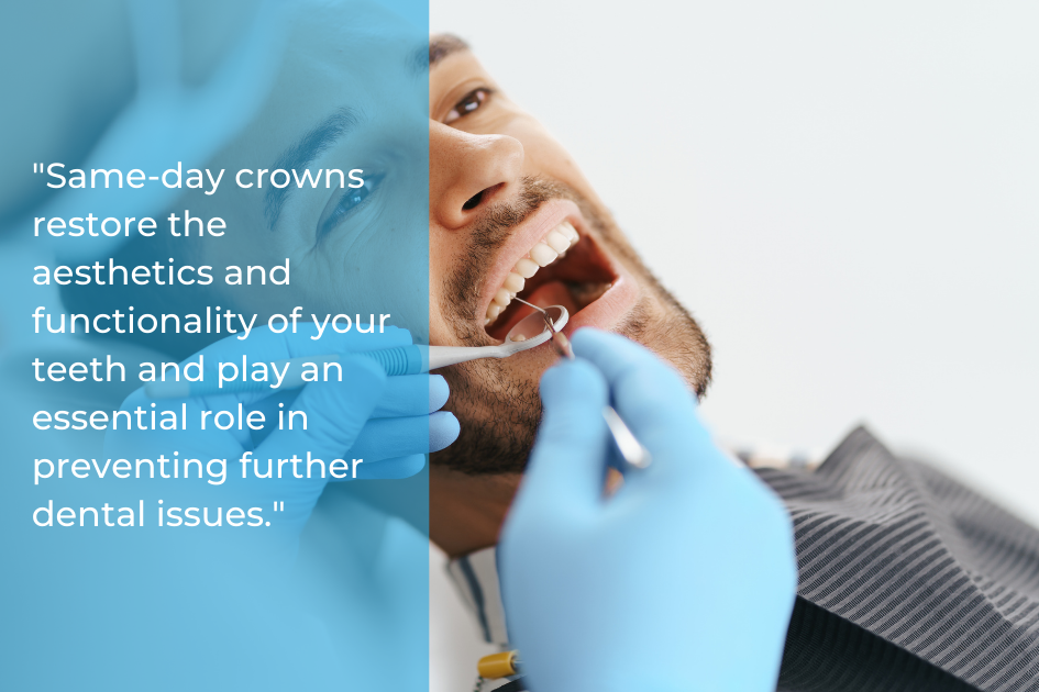 A dentist examines a smiling patient with a mirror, emphasizing the benefits of same-day crowns. These innovative solutions not only enhance aesthetics and function but also help prevent future dental issues.